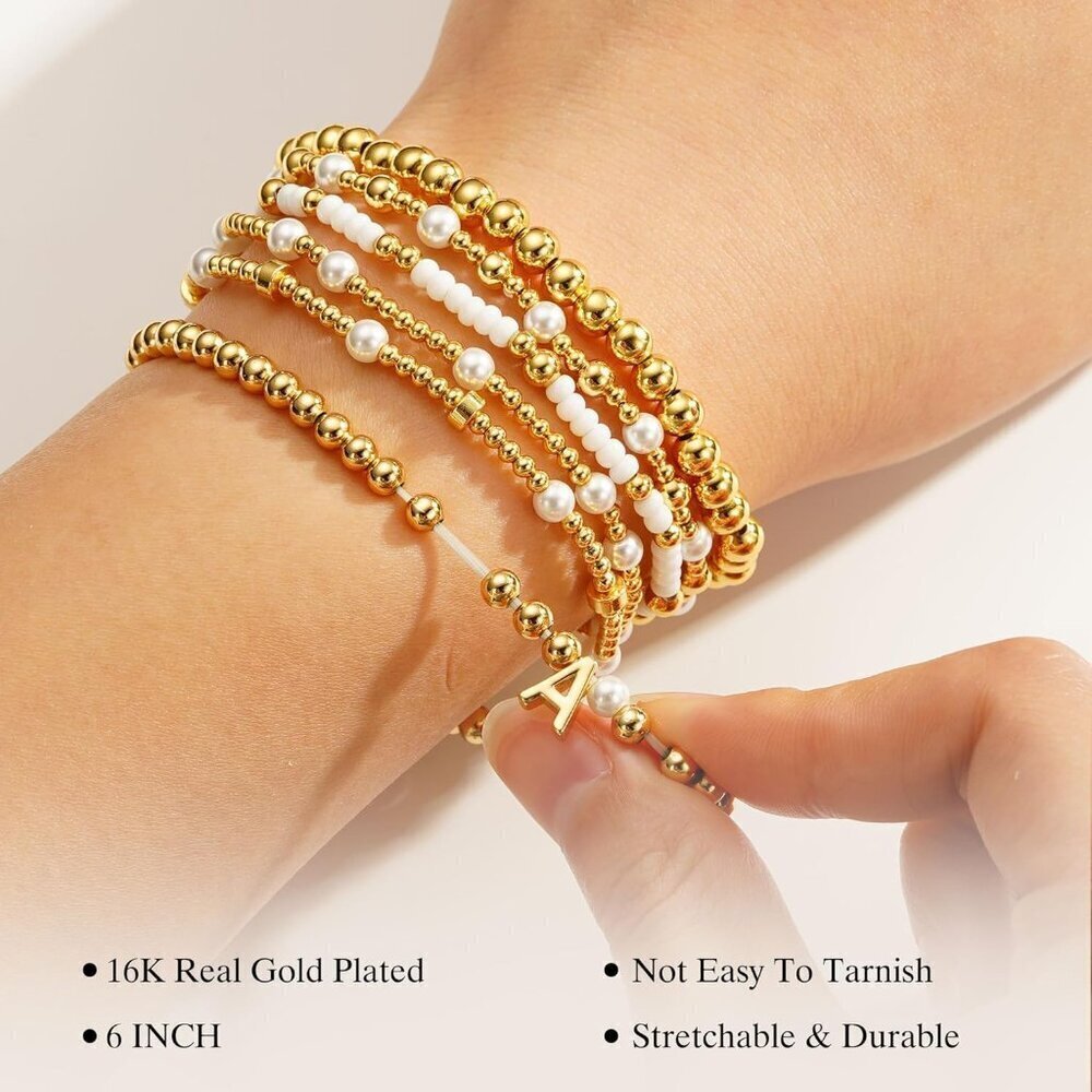 Beaded Initial Bracelets Women Girls Jewelry Gifts 6PCS Set Elastic Stackable - Picture 5 of 9